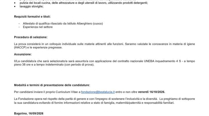 AVVISO DI SELEZIONE CUOCO/CUOCA